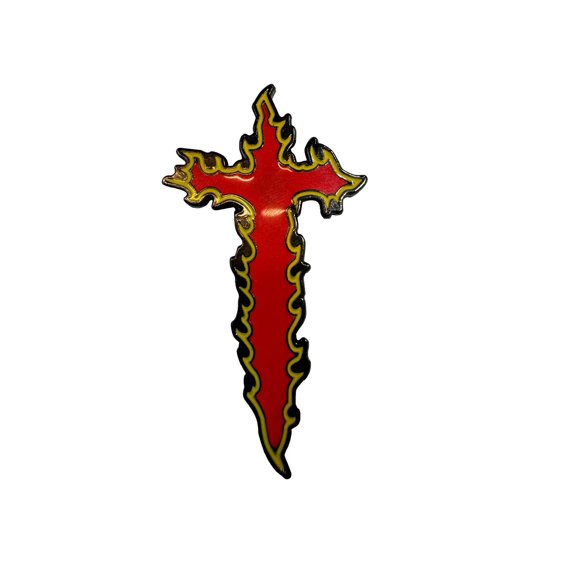 Red flaming cross enamel pin
