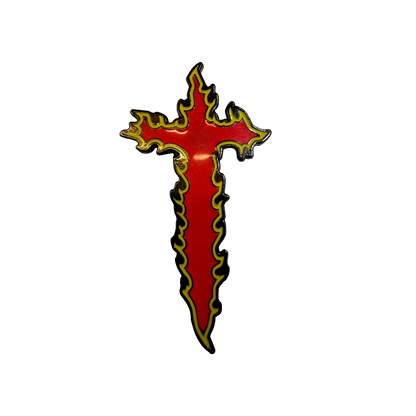 Red flaming cross enamel pin